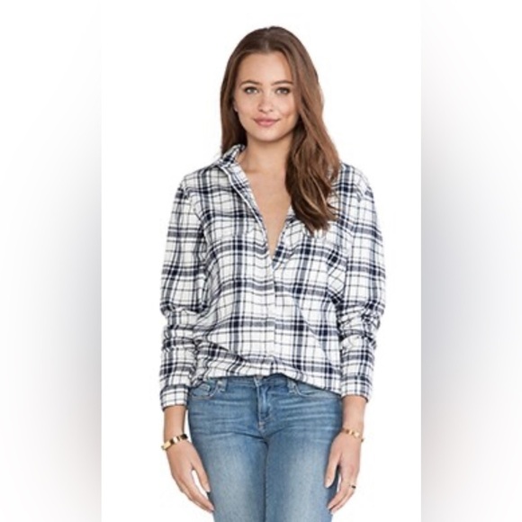 SUNDRY Plaid Flannel Button-Down Shirt White and Black Size 1/Small - Picture 1 of 16